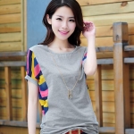 24899#2014新款女裝 時尚韓版甜美彩條雪紡拼接T恤
