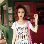 24725#2014新款女裝 韓版甜美假背帶印花字母寬松短袖長款T恤