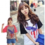 24675#2014新款女裝 韓版卡通兔斯基印花拼接撞色圓領短袖T恤